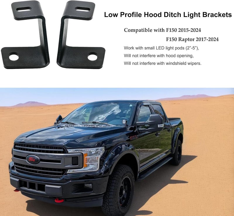 DarSeity Low Profile Mount Hood Hinges Ditch Light Brackets for Ford F150 2015-2023 & F150 Raptor 2017-2023, for Auxiliary Off-Road Lighting (for Ford F150 15-23) - Image 2